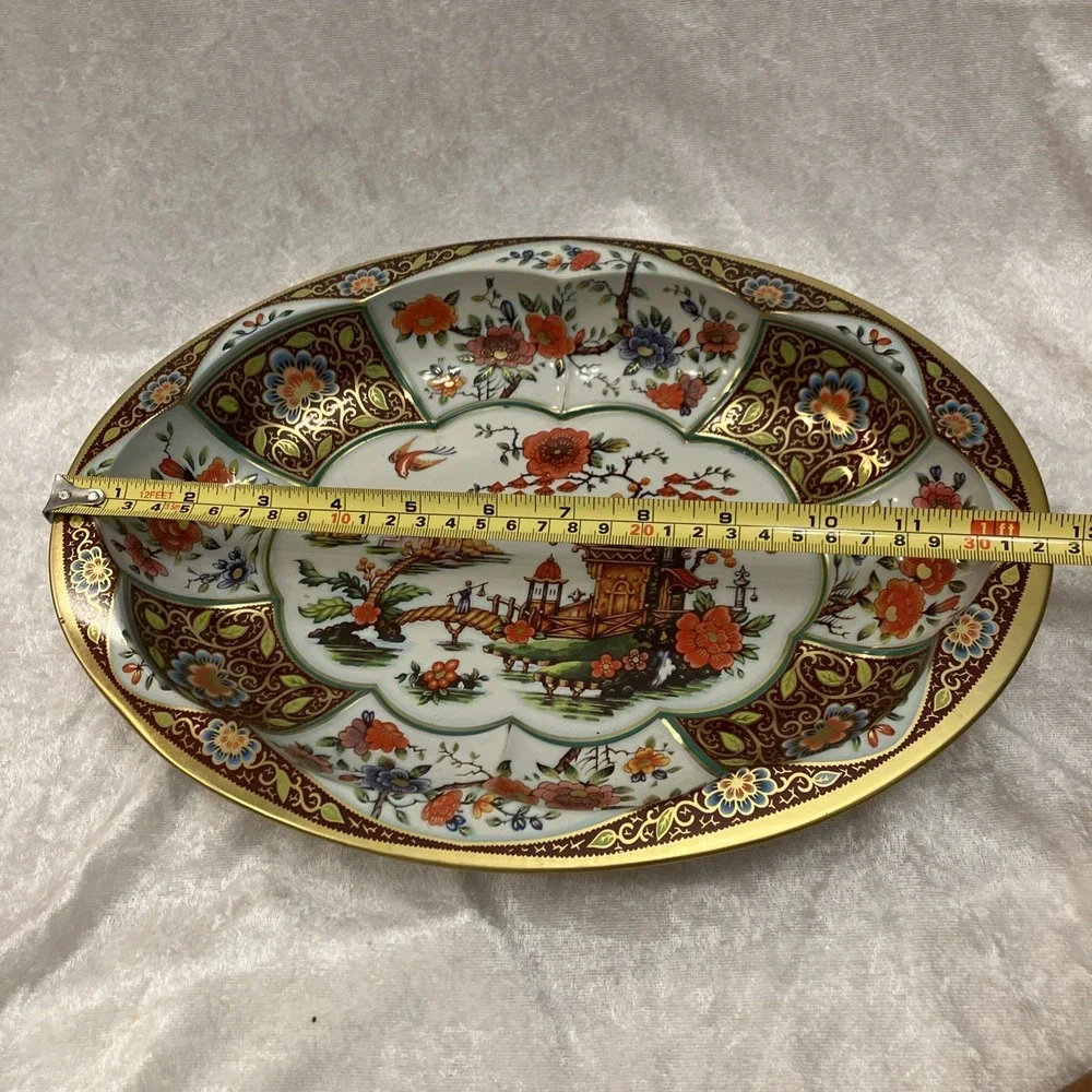 Daher Decorated Ware Tin Bowl Large Oval 13” Gold Floral Scenic 1971 England VTG